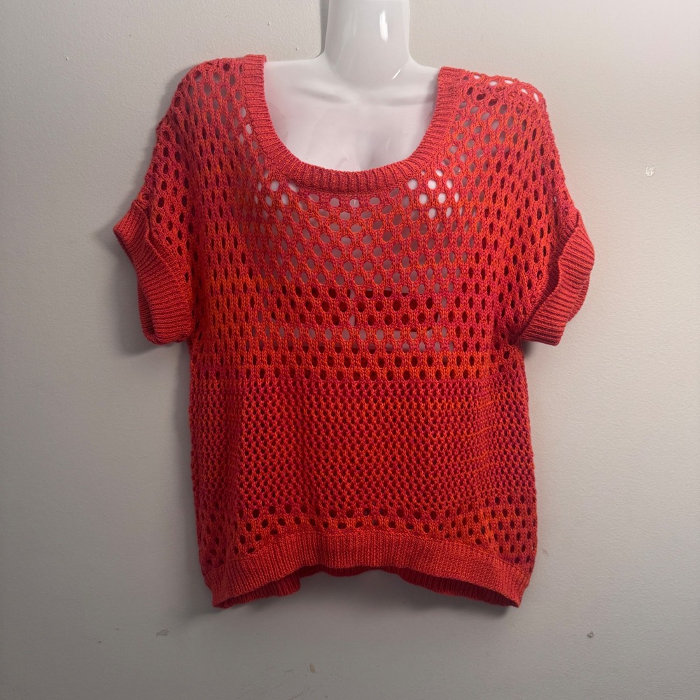 Love Always Knit Crochet Top Open Weave Short Sleeve Coral Orange Size L‎